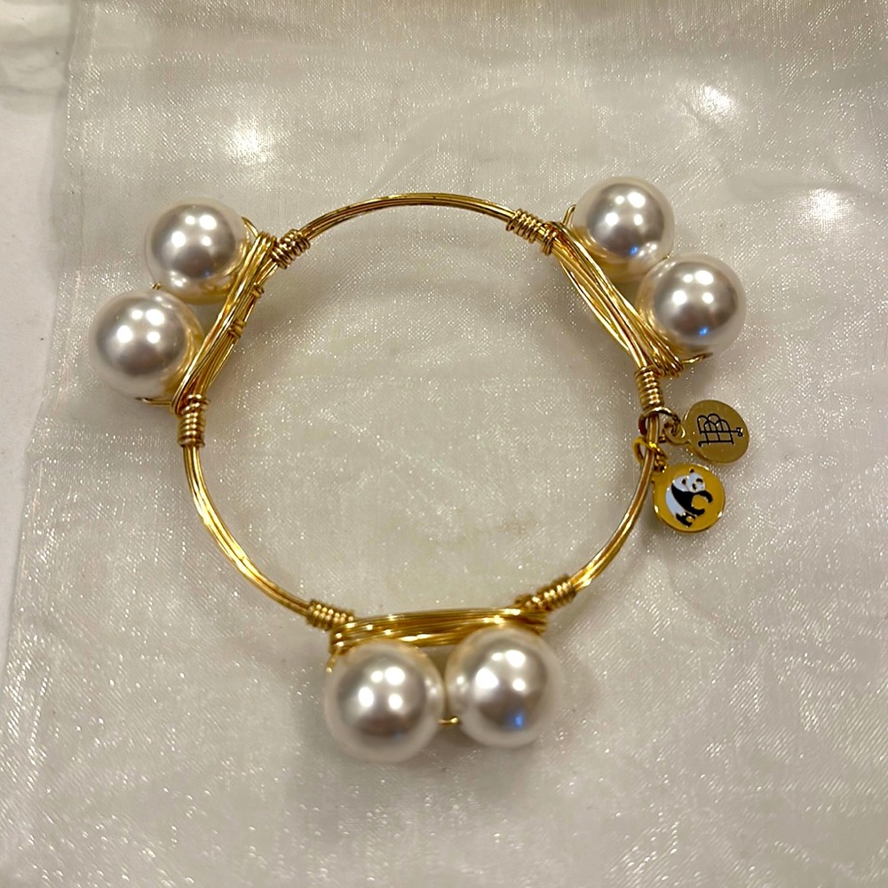 Bourbon and Bowties GOLD tone bracelet with chunky pearls! Panda charm DERBY!